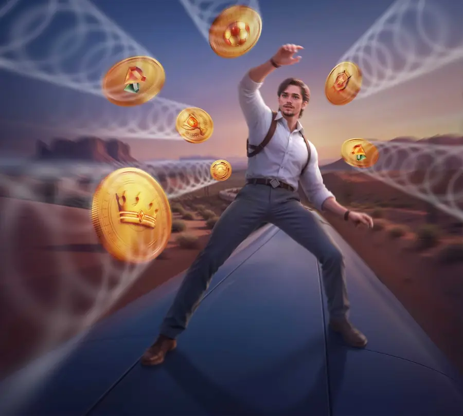 Spinational Agent springt zwischen fliegenden Münzen